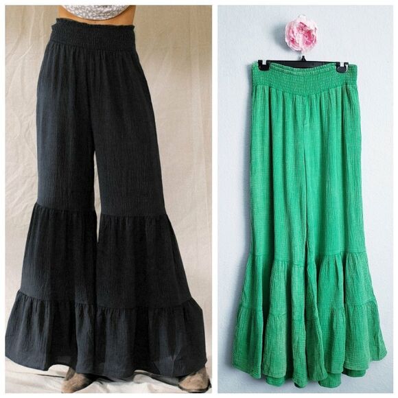 Anthropologie North End Green Gauzy Tiered Ruffle Wide Leg Palazzo Pants - Picture 1 of 6